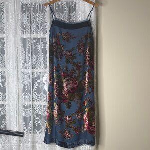 BHLDN Blue Floral Maxi Slip Skirt with Burgundy Roses